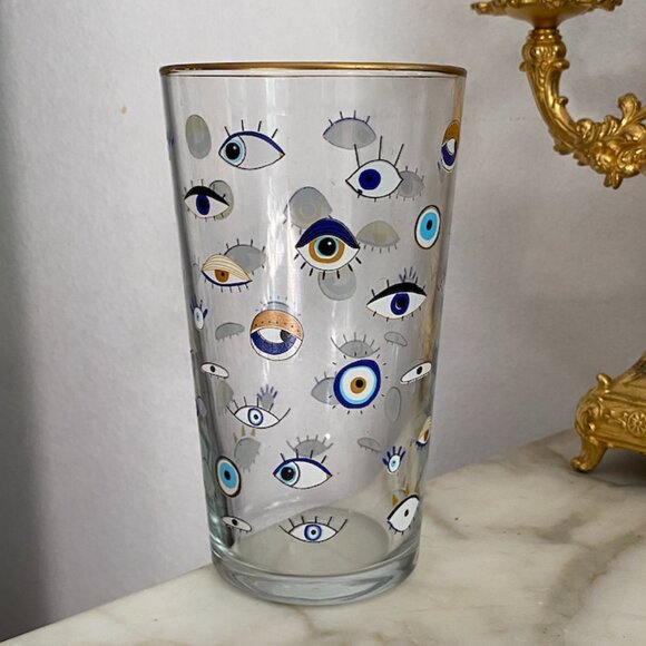 Anthropologie Rakle Refined Glass Tumblers Gold Black Rim Hasma Hand Evil Eye - Picture 1 of 3